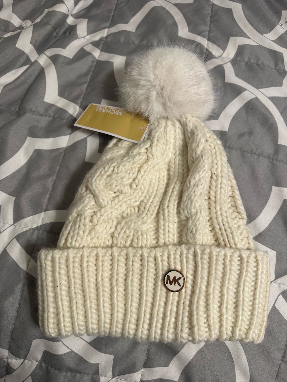 Michael Kors Ivory Cable Knit Beanie with Faux-Fur Pom